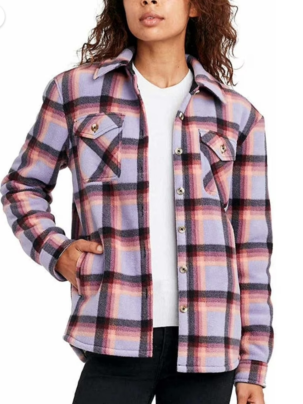 Sage Collective Women's Sherpa Lined Plaid Lavender Shacket